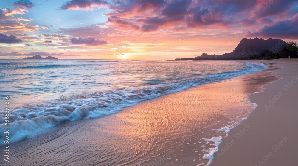 Wall mural a serene beach scene at sunset with colorful skies and gentle waves lapping the shore - Wall murals