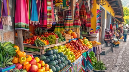 A vibrant market scene with fresh fruits, vegetables, and colorful textiles on display