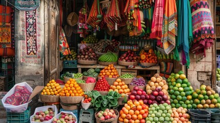 Fototapeta premium A vibrant market scene with fresh fruits, vegetables, and colorful textiles on display
