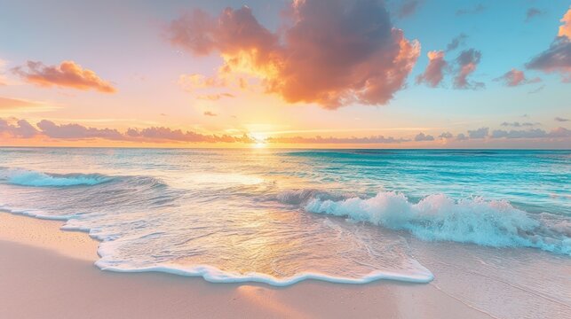 A serene beach scene at sunset with colorful skies and gentle waves lapping the shore