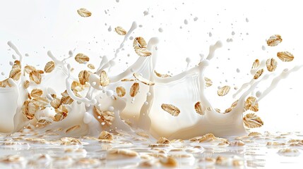 Close-up of oat flakes interacting with a milk splash, captured against a white background