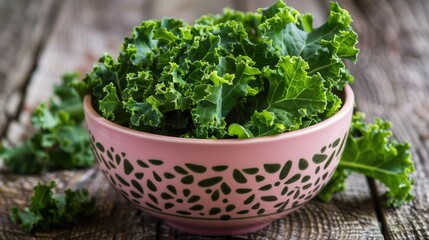 Fototapeta premium Close-up of nutritious green kale leaves presented in an elegant pink bowl on a rustic wooden surface