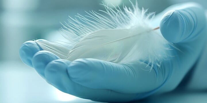 close up of a medical glove hand holding a feather, concept of bird flu awareness, global bird flu infection