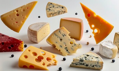 Different types of cheese, including cheddar, brie, and blue cheese, floating in mid-air with a white background