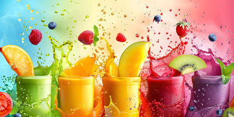 Dynamic background with colorful smoothie splashes and fresh fruit, creating a lively and healthy feel, perfect for promoting health drinks or smoothies