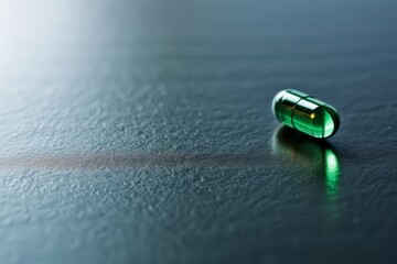 Close-up of a single green capsule pill on a dark reflective surface, capturing details of its translucent shell.