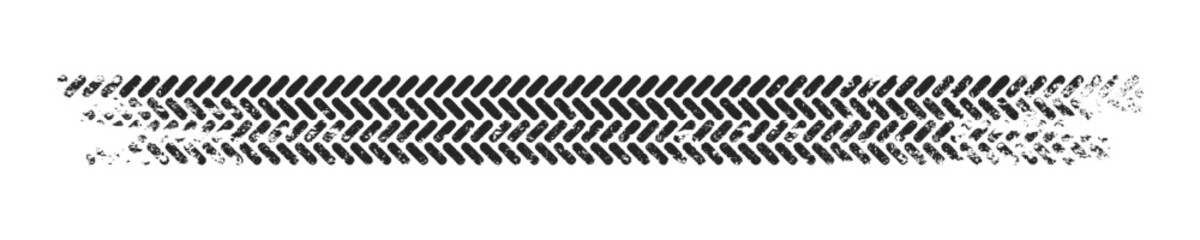 Grunge tire track, wheel braking marks. Truck, car or motorcycle tread pattern silhouette. Auto race, motorsport, speed racing design element. Vector illustration