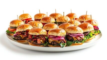 A vibrant platter of assorted mini sliders with various toppings, displayed on an isolated white background, ideal for showcasing diverse burger options in promotional content