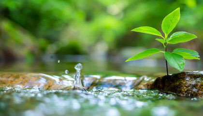 Obraz premium Water Droplet Splashing in a Stream Near a Young Plant