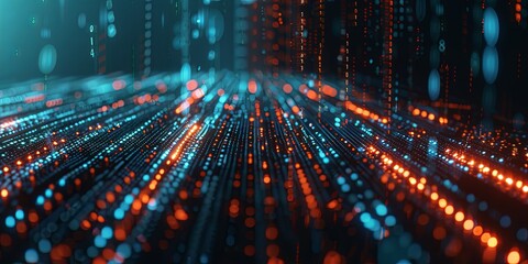 Abstract dark background, with lines composed of numerical codes interwoven in geometric scenes, interconnected, it is a highway of information data