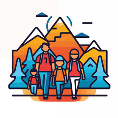 clipart vector illustration of a family trekking in the snow capped mountains , hiking, travel, outdoors