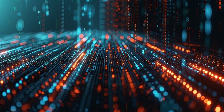 Abstract dark background, with lines composed of numerical codes interwoven in geometric scenes, interconnected, it is a highway of information data