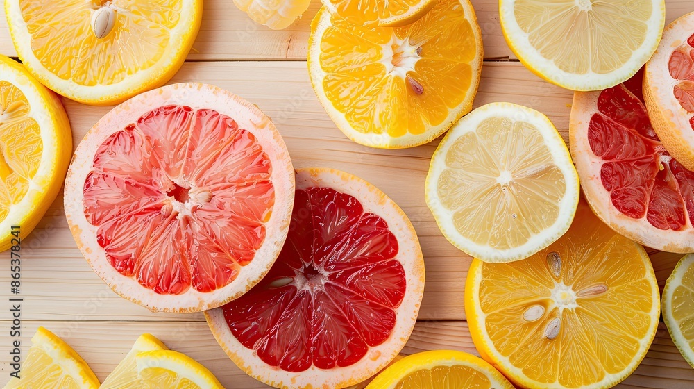 Poster fresh lemon and grapefruit slices spread out on a light wooden table, creating a colorful and zesty 