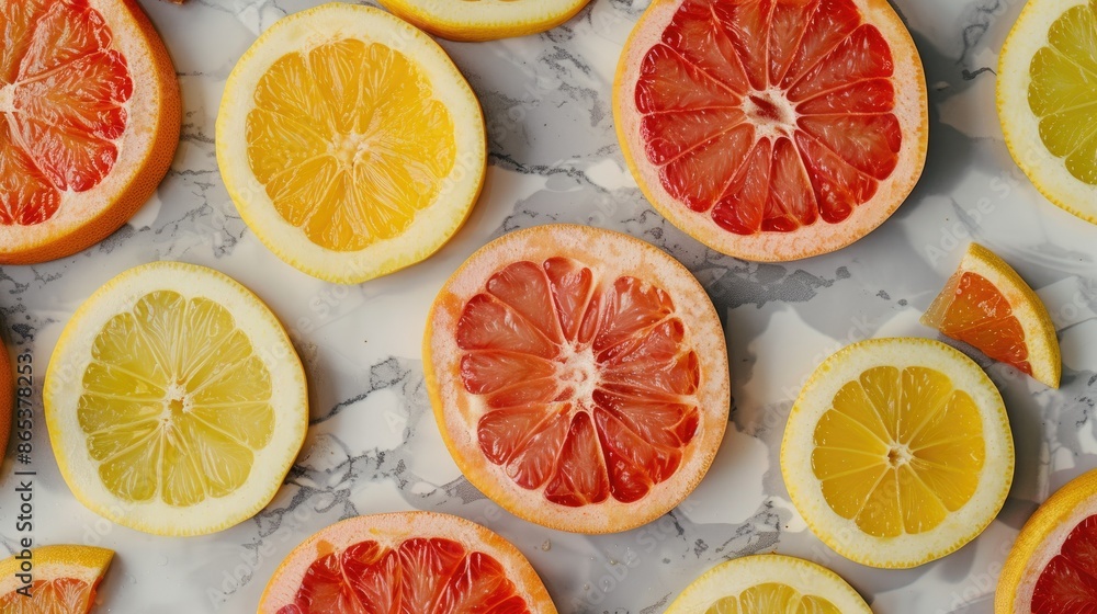 Poster fresh lemon and grapefruit slices spread out on a marble surface, creating a colorful citrus backgro