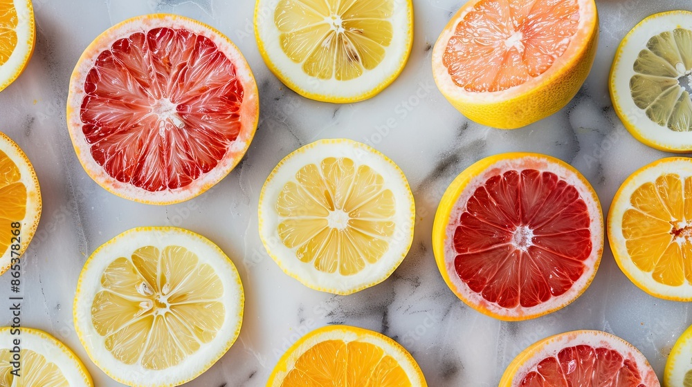 Poster fresh lemon and grapefruit slices spread out on a marble surface, creating a colorful citrus backgro