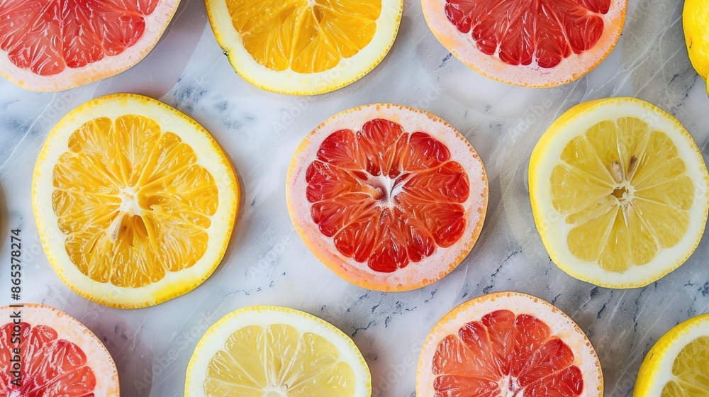 Poster fresh lemon and grapefruit slices spread out on a marble surface, creating a colorful citrus backgro