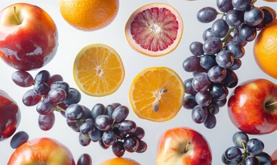 Fresh fruits such as apples, oranges, and grapes floating in mid-air with a white background