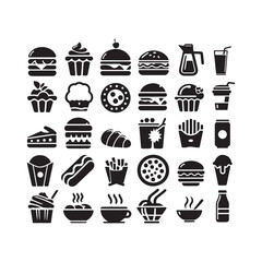 Food icon set. Containing meal, restaurant, dishes and fruits icon. ,pack, kitchen pack, barbecue grill, raspberry leaf, boiler, wine bottle and glass. vector illustration 