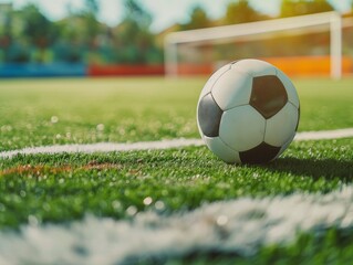 Fototapeta premium Traditional soccer ball on soccer field