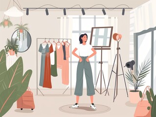 Woman blogger makes video review. Large bright room of a young clothing designer with a bracket with fashionable clothes