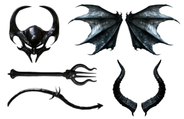 Set collection of devil demon satan black costume accessory, Masquerade mask, wings, trident pitchfork fork, tail, horn on transparent background cutout. PNG file. Mockup template for artwork design