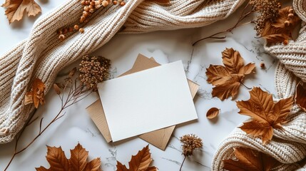Blank Card Mockup with Cozy Autumnal Elements Knit Sweater, Dried Leaves and Envelope on White Marble Background.