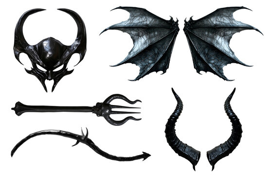 Set collection of devil demon satan black costume accessory, Masquerade mask, wings, trident pitchfork fork, tail, horn on transparent background cutout. PNG file. Mockup template for artwork design - Powered by Adobe