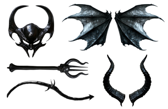 Set collection of devil demon satan black costume accessory, Masquerade mask, wings, trident pitchfork fork, tail, horn on transparent background cutout. PNG file. Mockup template for artwork design - Powered by Adobe