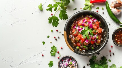 A bowl of spicy Mexican salsa with fresh ingredients, on a pristine white background, with plenty of copy space for advertisements and food product photography