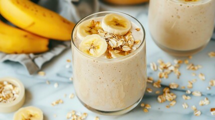 Smooth and creamy banana oat smoothie in a glass, topped with a sprinkle of oats and fresh banana slices