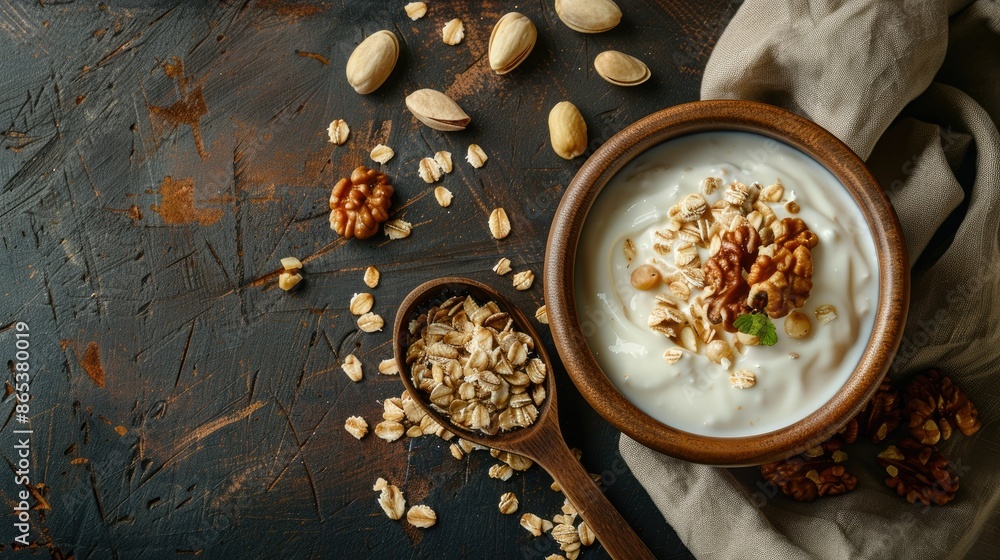 Poster top view of a nutritious yogurt bowl with oats and mixed nuts on a rustic brown backdrop