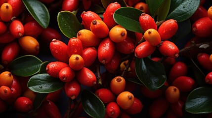 Hypericum Berries flowers background. Close-up of vibrant red and orange berries with green leaves, covered in water droplets.