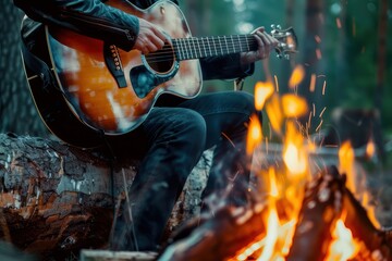 A musician playing an acoustic guitar by a campfire,