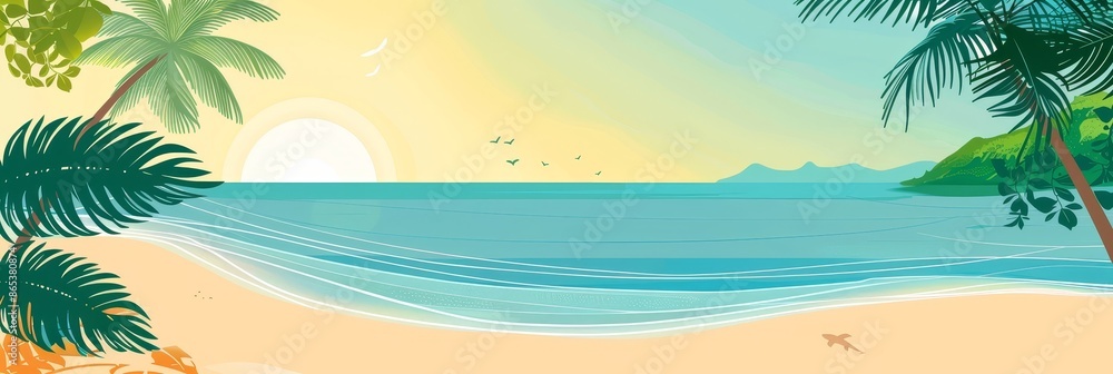 Poster Bright and cheerful summer wallpaper with a sunny beach scene,swaying palm trees,and ample copy space on the right side for text or graphic elements.