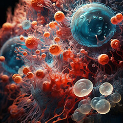 A microscopic view of a cancer cell with a large nucleus and cytoplasm filled with mitochondria.