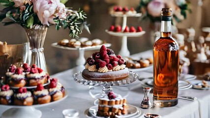 Elegant dessert table with various pastries and bottle of liquor