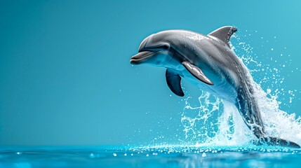 A playful dolphin mid-leap with a splash of water, against a bright blue background, positioned on the right side with the left side empty. © Vivid_Vision