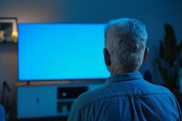 Display mockup from a shoulder angle of a senior man in front of an smart-tv with a completely blue screen