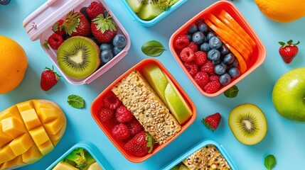 Healthy Colorful Lunch Boxes With Fresh Fruit and Granola Bar