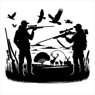 recommend clip art: Deer Hunting Silhouette. Hunting silhouettes and labels vector set. Dear Hunting Vector Illustration
