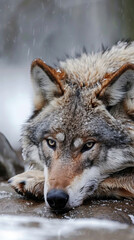 Fototapeta premium A tired exhausted wolf is laying on a rock in the snow, rain