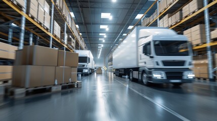 Fototapeta premium Distribution hub with trucks of different capacities, 8K realism, vivid detail, workers managing cargo, dynamic warehouse scene