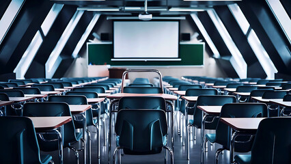 A picture of a classroom with rows of desks and chairs