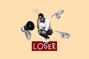 Composite photo collage of upset american girl hands hold megaphone offender loser index point mock...