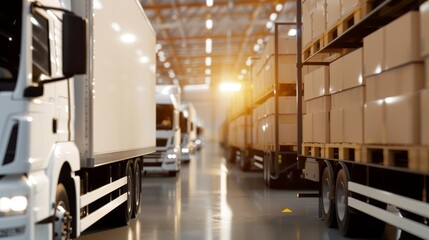 Fototapeta premium Distribution warehouse bustling with activity, various trucks of different capacities lined up, realistic and highly detailed, 8K resolution, workers loading and unloading cargo
