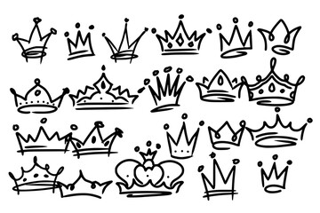 Sketch crown. Simple graffiti crowning, elegant queen or king crowns hand drawn. Royal imperial coronation symbols, monarch majestic jewel tiara isolated icons vector illustration set © Din Nasahrudin