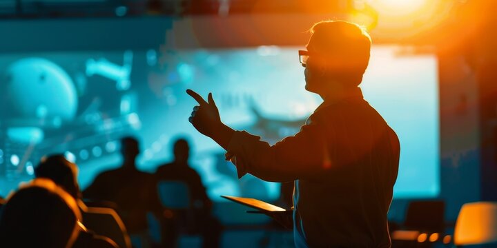 Businessman giving a presentation in a conference room.