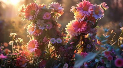  Bathed in the soft glow of dawn, the letter M materializes amidst a lush garden, its form composed entirely of an exquisite array of colorful flowers.