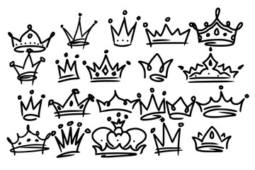Sketch crown. Simple graffiti crowning, elegant queen or king crowns hand drawn. Royal imperial coronation symbols, monarch majestic jewel tiara isolated icons vector illustration set
