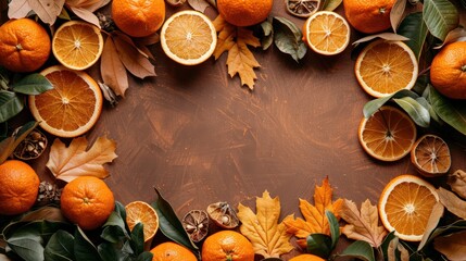 Fototapeta premium Orange Slices and Leaves on Brown Background with Copy Space